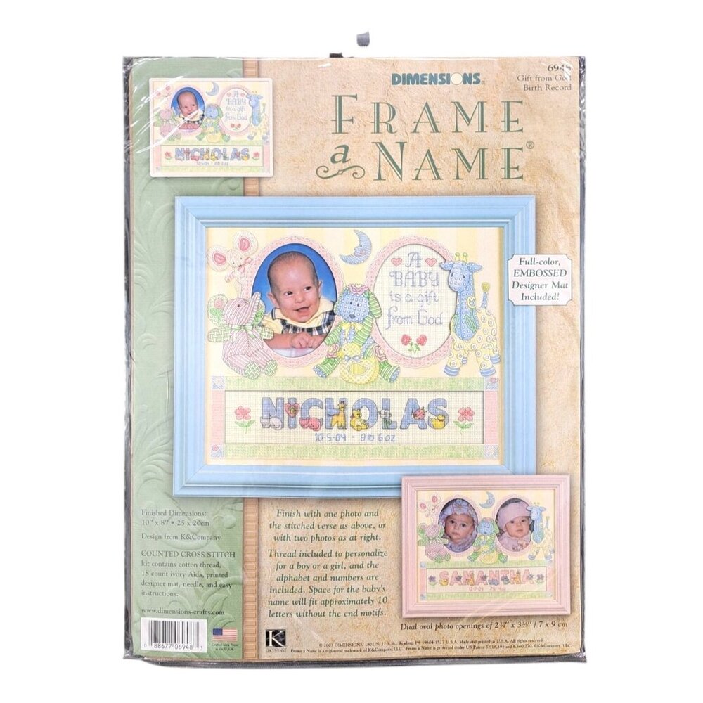 Vintage Dimensions Frame Name Baby Gift Birth Cross Stitch Kit Boy Girl 6948 New